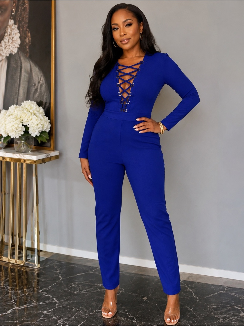 WOW Couture Royal Blue Lace-Up Long Sleeve Jumpsuit